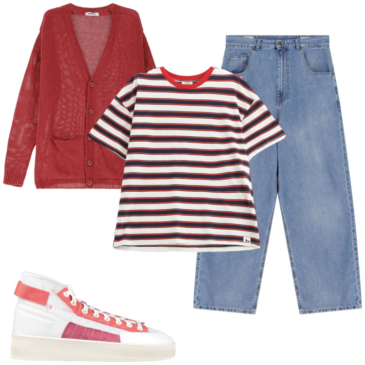 Outfit uomo - Total look #2175510. Stile Casual per Tutti i giorni. Abbinamento con sneakers alte, cardigans, jeans, t-shirt.