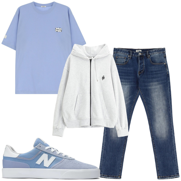 Outfit uomo - Total look #2175511. Stile Casual per Tutti i giorni. Abbinamento con sneakers, t-shirt, jeans dritti, felpe con cappuccio.