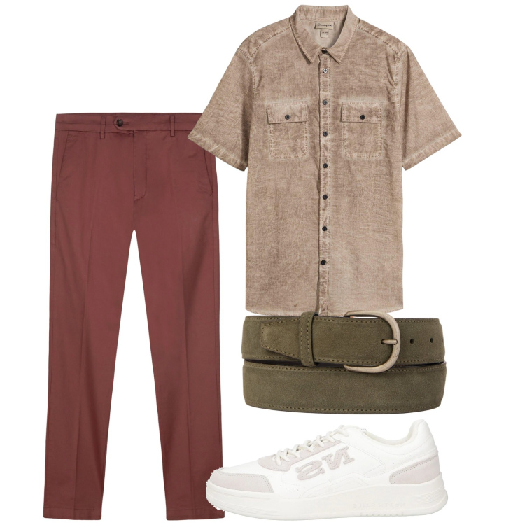Outfit uomo - Maggio. Stile Casual per Tutti i giorni. Abbinamento con camicie a manica corta, sneakers, pantaloni chino, cinture.
