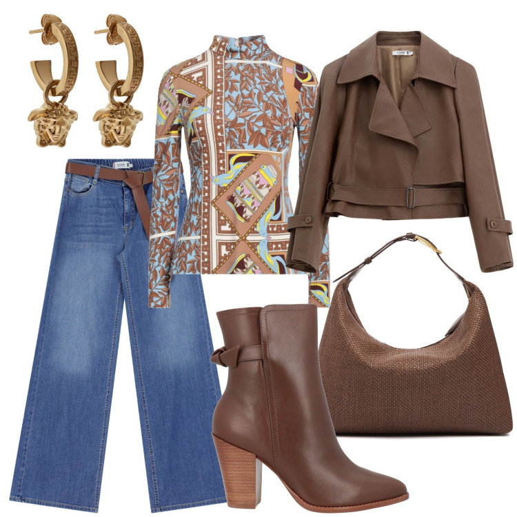 Outfit donna - Brown. Stile Casual chic per Tutti i giorni. Abbinamento con t-shirt, stivaletti, jeans, blazer, orecchini, borse a spalla.