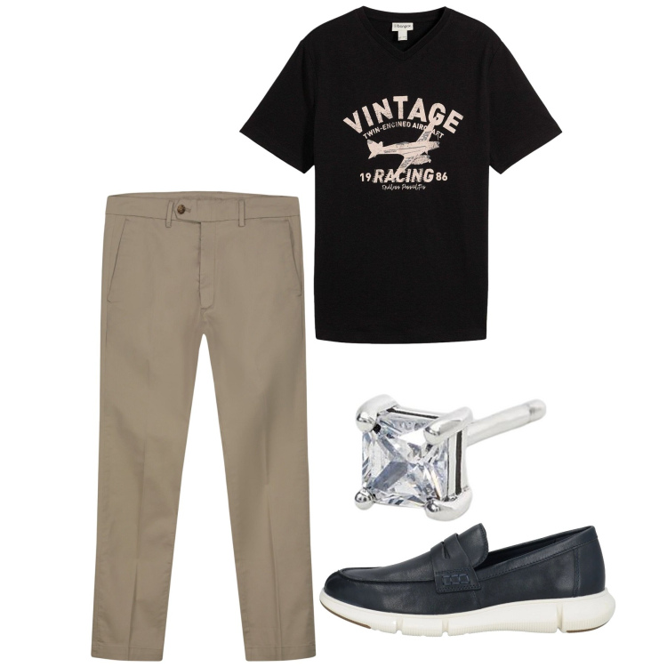 Outfit uomo - Serata informale. Stile Casual per Serata speciale. Abbinamento con scarpe stringate, t-shirt, orecchini, pantaloni chino.