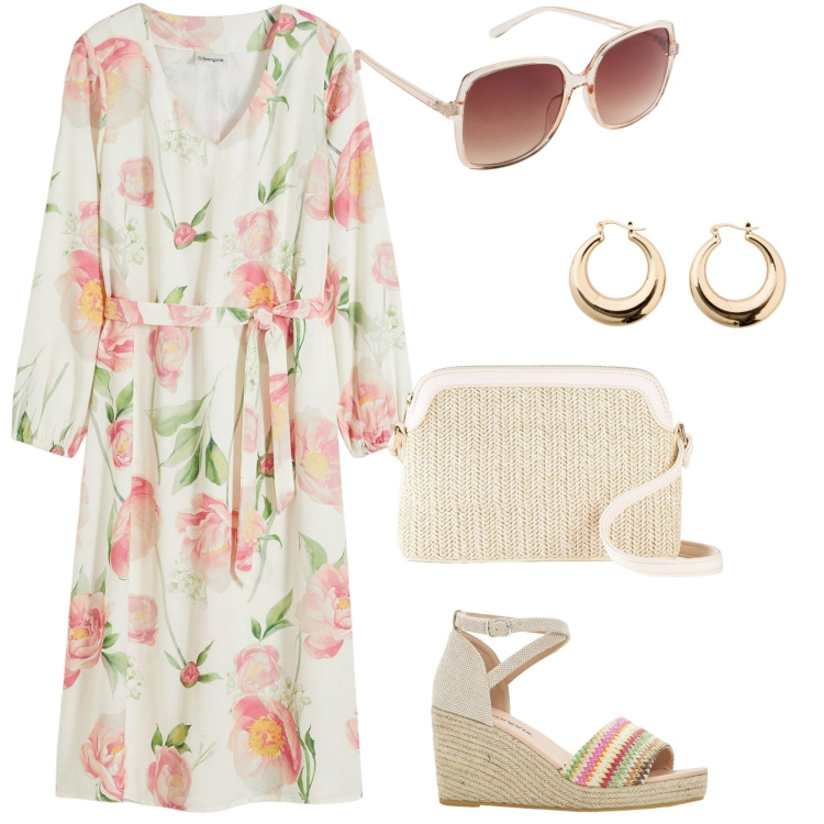 Outfit donna - Summer romance. Stile Romantica per Tutti i giorni. Abbinamento con borse a tracolla, occhiali da sole, vestiti midi/longuette, sandali, orecchini.