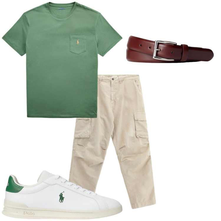 Outfit uomo - Passeggiata in città. Stile Urban per Tutti i giorni. Abbinamento con pantaloni cargo, cinture, sneakers, t-shirt.