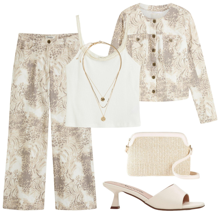 Outfit donna - Cerimonia romance. Stile Chic per Cerimonia. Abbinamento con borse a tracolla, ciabatte, pantaloni, blazer, top, collane.