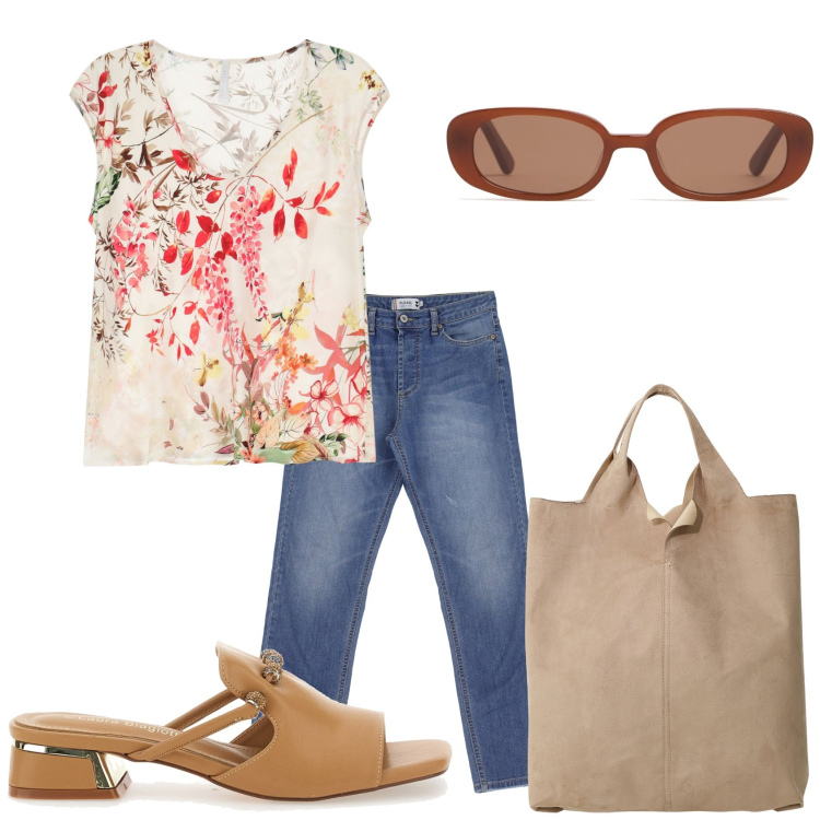 Outfit donna - Jeans con un camicetta. Stile Trendy per Tutti i giorni. Abbinamento con top, jeans dritti, shopping bag, ciabatte, occhiali da sole.