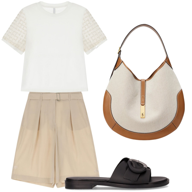 Outfit donna - Aperitivo. Stile Trendy per Tutti i giorni. Abbinamento con pantaloni corti, t-shirt, borse a spalla, ciabatte.