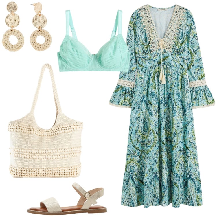 Outfit donna - Summer romance. Stile Etnico per Tutti i giorni. Abbinamento con shopping bag, vestiti, sandali, reggiseni, orecchini.