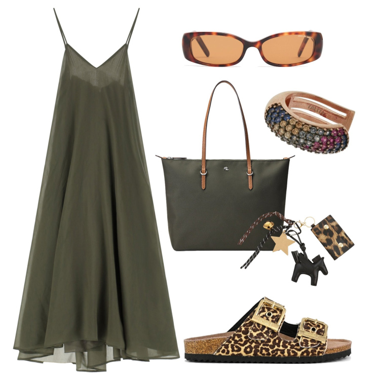 Outfit donna - L’abito fluttuante d’estate. Stile Casual chic per Tutti i giorni. Abbinamento con vestiti midi/longuette, portachiavi, borse tote, sandali in pelle, orecchini, occhiali da sole.