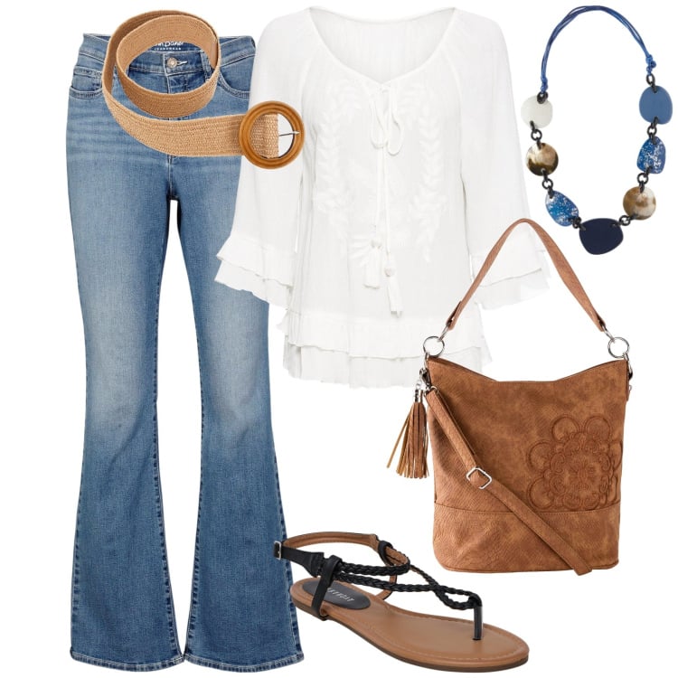 Outfit donna - Boho. Stile Boho per Tutti i giorni. Abbinamento con jeans bootcut, borse a mano, tuniche, ciabatte, collane, cinture.