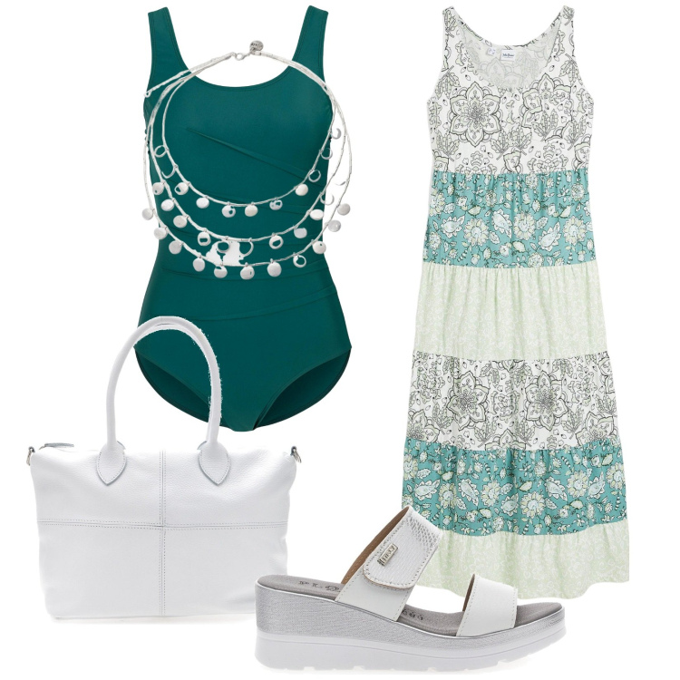 Outfit donna - Speranza mare. Stile Casual per Mare. Abbinamento con vestiti lunghi, costumi interi, ciondoli, ciabatte, borse a mano.