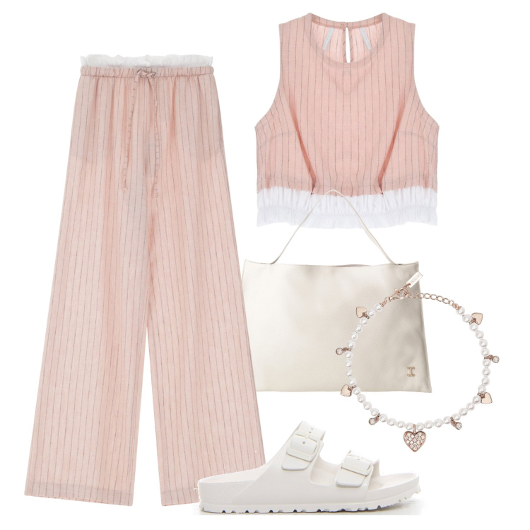 Outfit donna - Fresco completo passpartout. Stile Casual per Tutti i giorni. Abbinamento con braccialetti, pantaloni, top, borse a spalla, ciabatte.