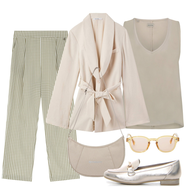 Outfit donna - Chiara in estate. Stile Chic per Tutti i giorni. Abbinamento con blazer, occhiali da sole, pantaloni, borse a spalla, mocassini, top.