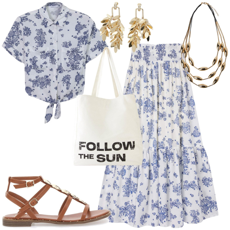 Outfit donna - La gonna lunga. Stile Romantica per Tutti i giorni. Abbinamento con shopping bag, gonne lunghe, camicie, orecchini, sandali, collane.
