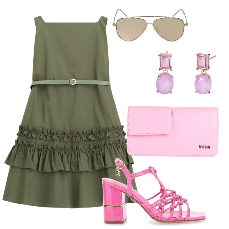 Outfit donna - Impegno di giorno. Stile Casual chic per Ufficio. Abbinamento con borse a mano, orecchini, vestiti corti, sandali col tacco, occhiali da sole.
