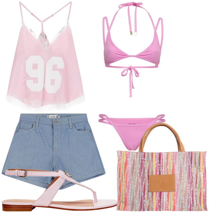 Outfit donna - Mare rosa. Stile Casual per Mare. Abbinamento con borse a mano, shorts, top, sandali in pelle, bikini.