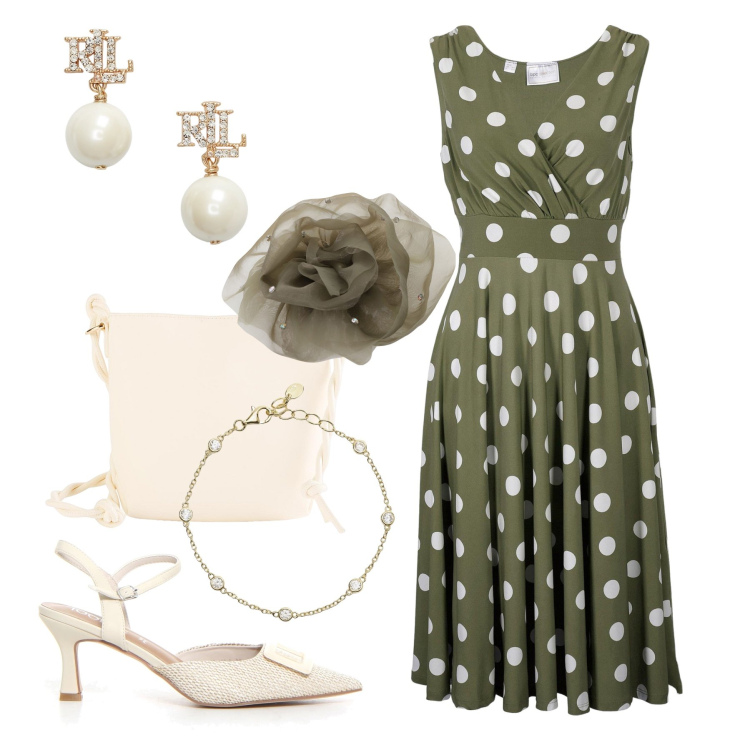 Outfit donna - Cerimonia a pois -@danipoetessa73. Stile Bon Ton per Cerimonia. Abbinamento con vestiti, borse a tracolla, braccialetti, foulard, orecchini, sandali col tacco.