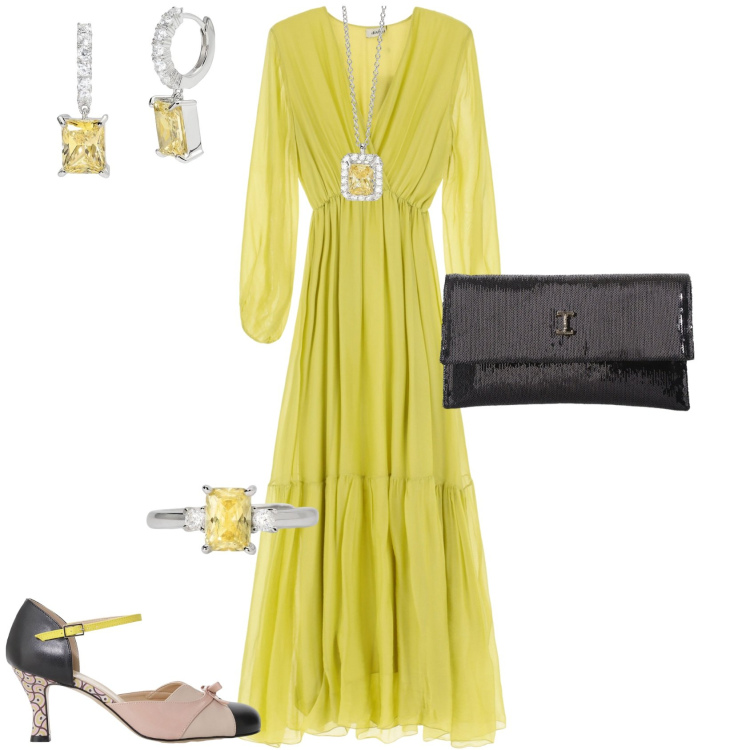 Outfit donna - Serata evento speciale. Stile Romantica per Serata fuori. Abbinamento con collane, anelli, orecchini, borse a tracolla, vestiti lunghi, décolleté.