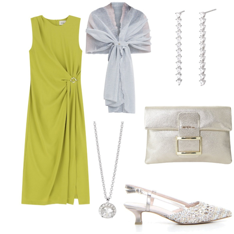 Outfit donna - Verde lime. Stile Romantica per Cerimonia. Abbinamento con collane, orecchini, stole, pochette, vestiti midi/longuette, sandali col tacco.