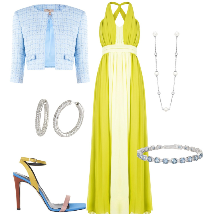 Outfit donna - Serata evento. Stile Chic per Serata fuori. Abbinamento con sandali col tacco, braccialetti, orecchini, collane, vestiti lunghi, bolero.