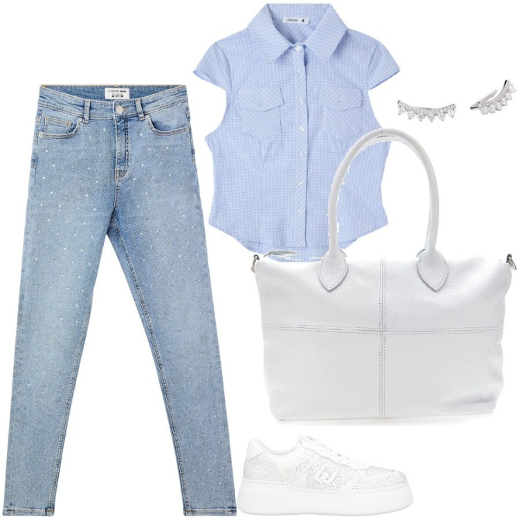 Outfit donna - Denim co strass. Stile Casual chic per Tutti i giorni. Abbinamento con sneakers, orecchini, jeans skinny, camicie a manica corta, borse a mano.