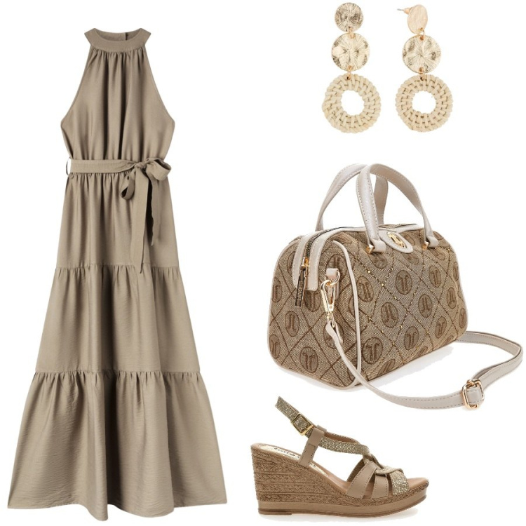 Outfit donna - Abito versatile. Stile Casual chic per Tutti i giorni. Abbinamento con orecchini, vestiti lunghi, zeppe, borse a mano.