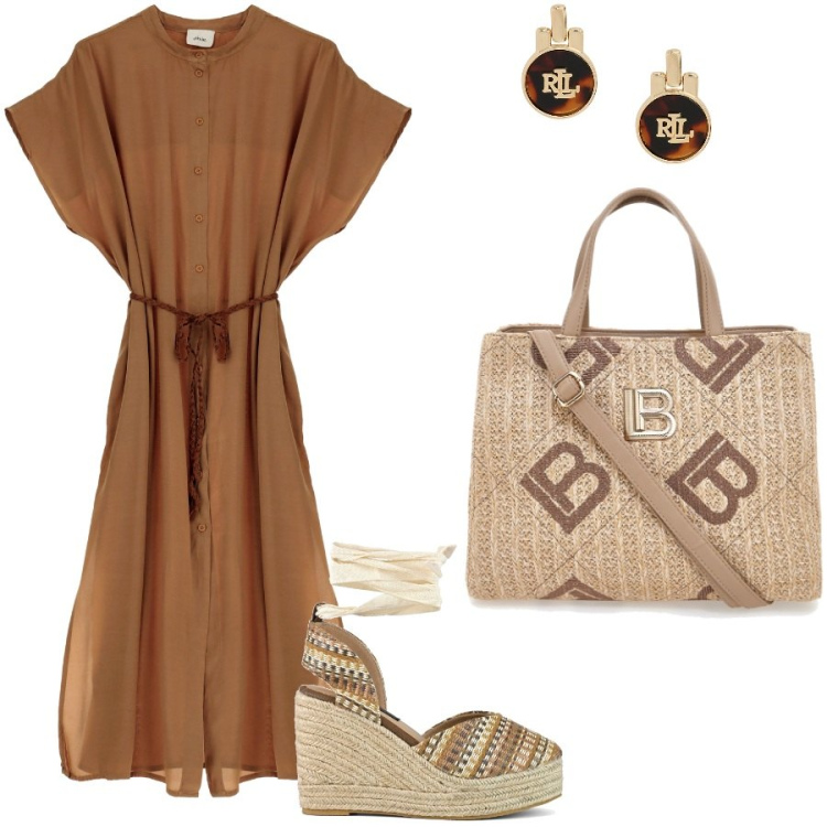 Outfit donna - Fresco e leggero. Stile Casual per Tutti i giorni. Abbinamento con vestiti midi/longuette, orecchini, zeppe, borse a tracolla.