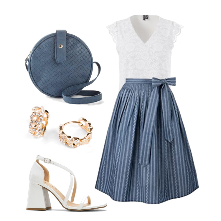 Outfit femme - Juin. Style Bon Ton pour Tous les jours. Assortir avec boucles d'oreilles, sacs en bandoulière, sandales à talon, robes, hauts.