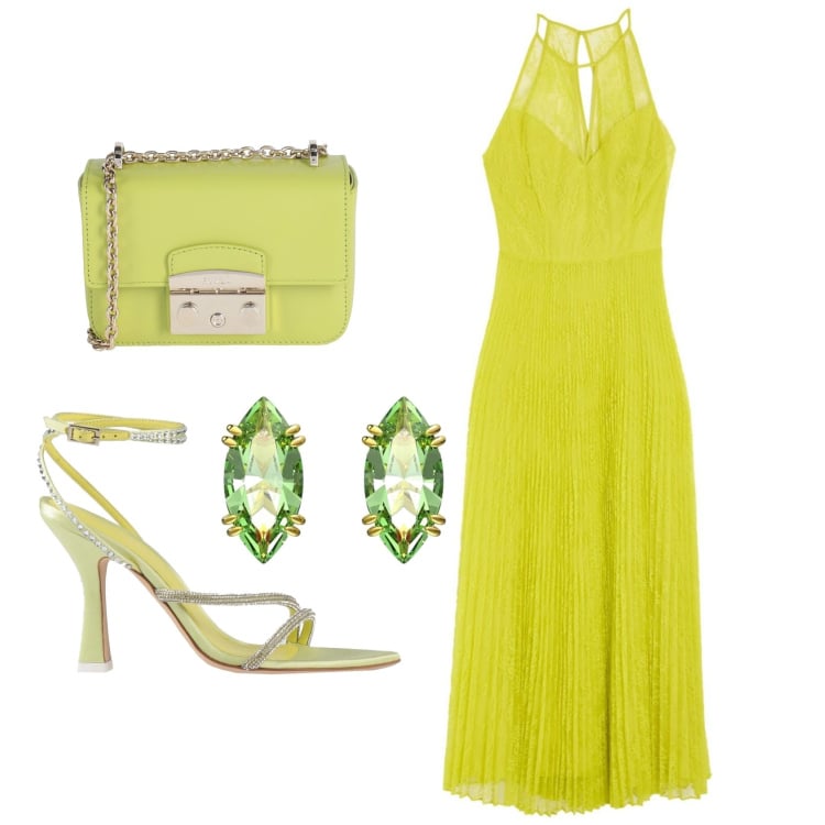 Outfit femme - Robe cérémonie jaune. Style Chic pour Cérémonie. Assortir avec robes longues, sacs en bandoulière, boucles d'oreilles, sandales à talon.