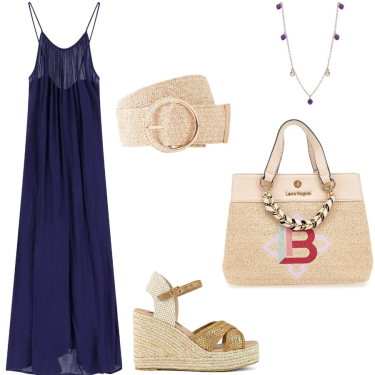 Outfit donna - Vacation. Stile Casual per Tutti i giorni. Abbinamento con cinture, collane, vestiti lunghi, zeppe, borse a mano.