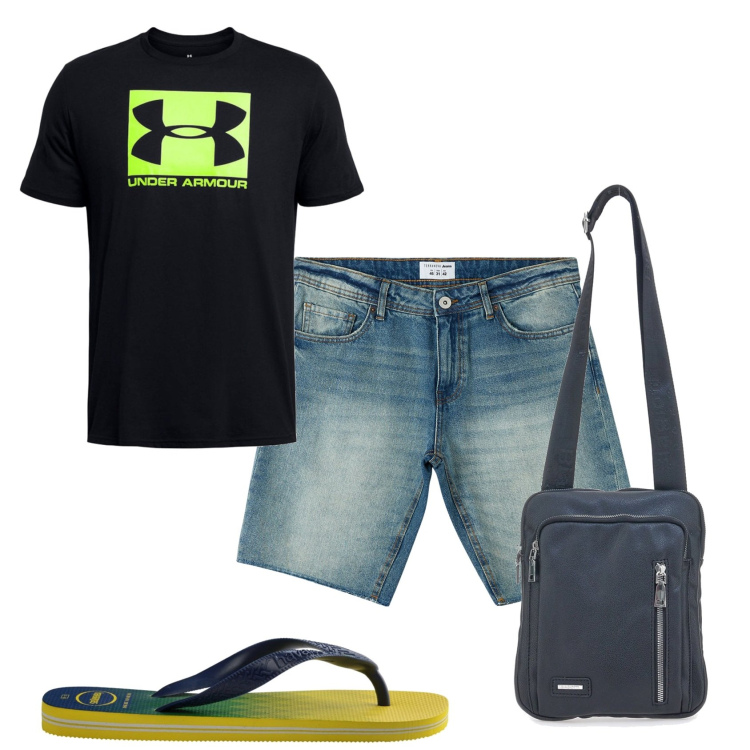 Outfit uomo - A casa del mare. Stile Urban per Mare. Abbinamento con bermuda, borse sportive, sandali, t-shirt.