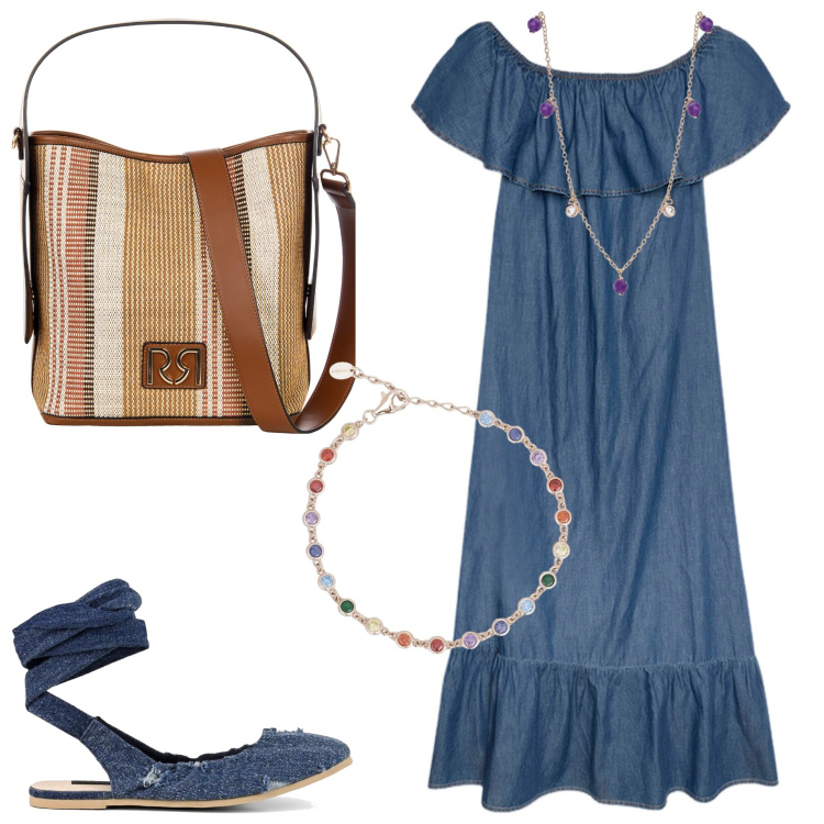 Outfit donna - Maxi dress. Stile Casual chic per Tutti i giorni. Abbinamento con braccialetti, collane, borse a secchiello, ballerine, vestiti lunghi.