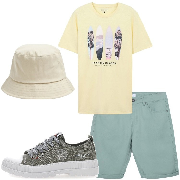 Outfit uomo - In giardino. Stile Casual per Tutti i giorni. Abbinamento con cappelli, bermuda, t-shirt sportive, sneakers.