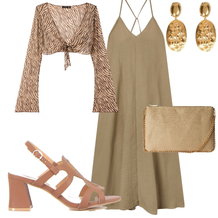 Outfit donna - Maxi dress. Stile Casual chic per Serata fuori. Abbinamento con vestiti lunghi, borse a tracolla, bolero, sandali col tacco, orecchini.