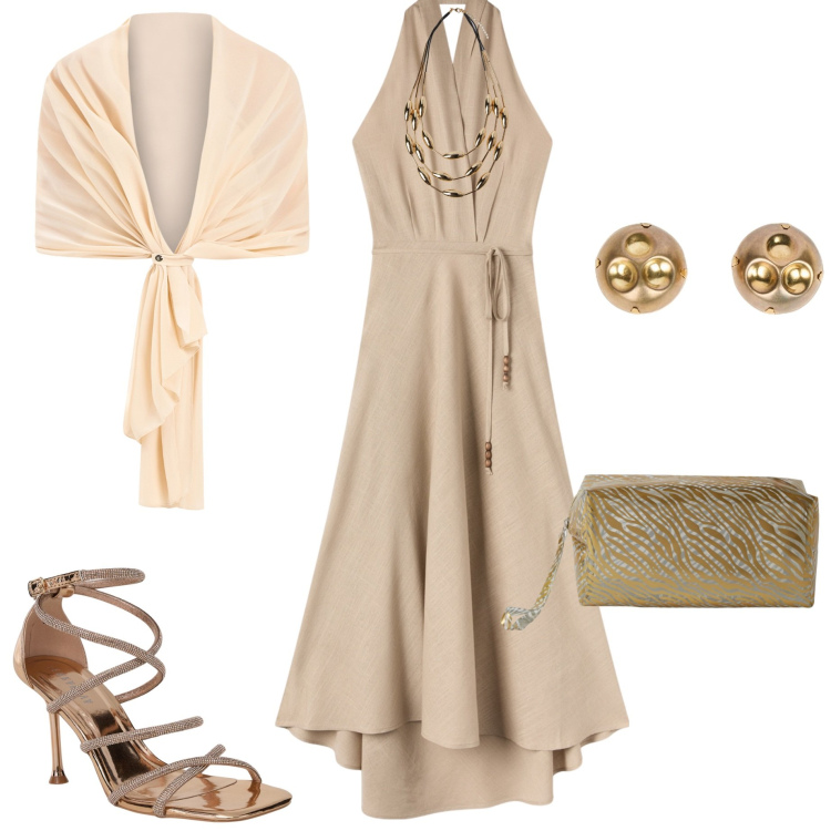 Outfit donna - Maxi dress. Stile Chic per Cerimonia. Abbinamento con sandali col tacco, vestiti lunghi, pochette, scialli, orecchini, collane.
