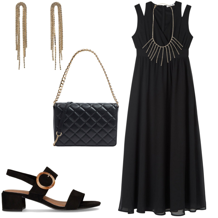 Outfit donna - Maxi dress. Stile Chic per Serata fuori. Abbinamento con vestiti lunghi, collane, orecchini, borse a tracolla, sandali col tacco.