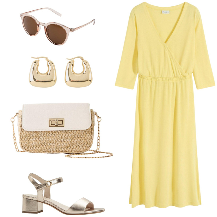 Outfit donna - Splendente. Stile Casual chic per Ufficio. Abbinamento con orecchini, occhiali da sole, vestiti, sandali col tacco, shopping bag.