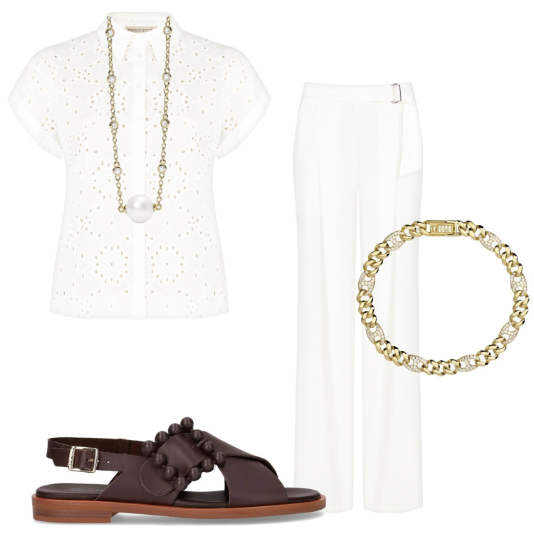 Outfit donna - Coordinati leggeri. Stile Casual chic per Serata fuori. Abbinamento con pantaloni, camicie a manica corta, collane, braccialetti, sandali.