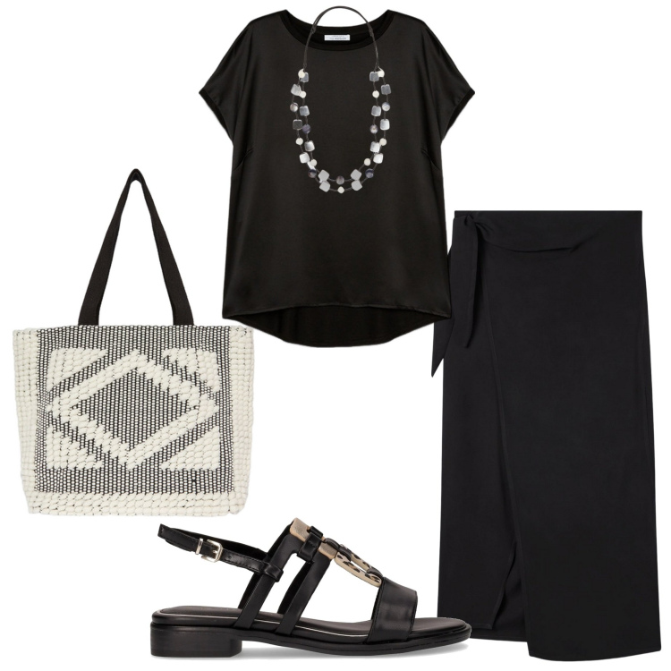 Outfit donna - Coordinati leggeri. Stile Casual chic per Serata fuori. Abbinamento con gonne lunghe, collane, bluse, sandali, shopping bag.