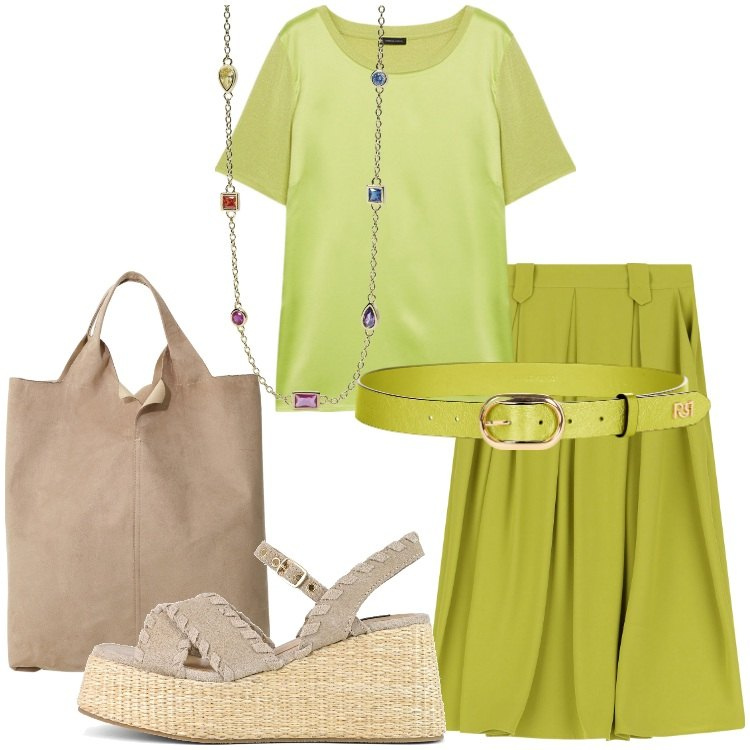 Outfit donna - Speciale Verde Lime. Stile Basic per Tutti i giorni. Abbinamento con collane, cinture, gonne longuette, shopping bag, t-shirt, zeppe.