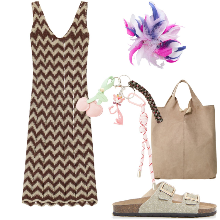 Outfit donna - Un fiore tra i capelli e un abitino. Stile Boho per Tutti i giorni. Abbinamento con vestiti midi/longuette, shopping bag, portachiavi, accessori per capelli, ciabatte.