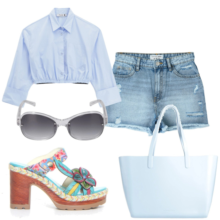 Outfit donna - Pantaloncino e camicetta. Stile Trendy per Tutti i giorni. Abbinamento con borse a spalla, shorts, camicie, ciabatte, occhiali da sole.