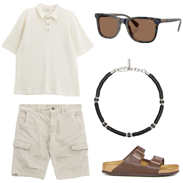Outfit uomo - Imperial estate. Stile Trendy per Tutti i giorni. Abbinamento con braccialetti, bermuda, polo, occhiali da sole, sandali.