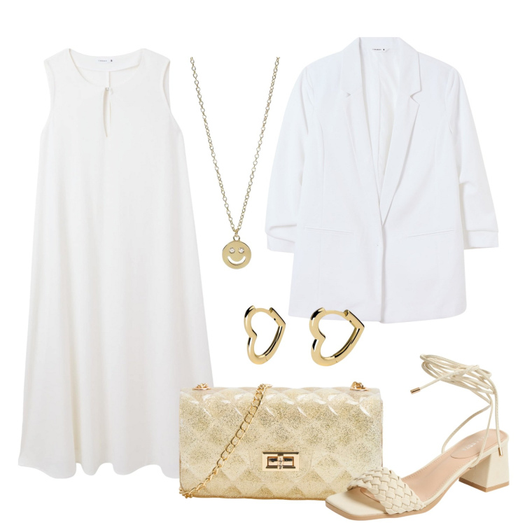 Outfit donna - Il gold che rifinisce. Stile Chic per Tutti i giorni. Abbinamento con vestiti lunghi, borse a tracolla, blazer, sandali alla schiava, collane, orecchini.