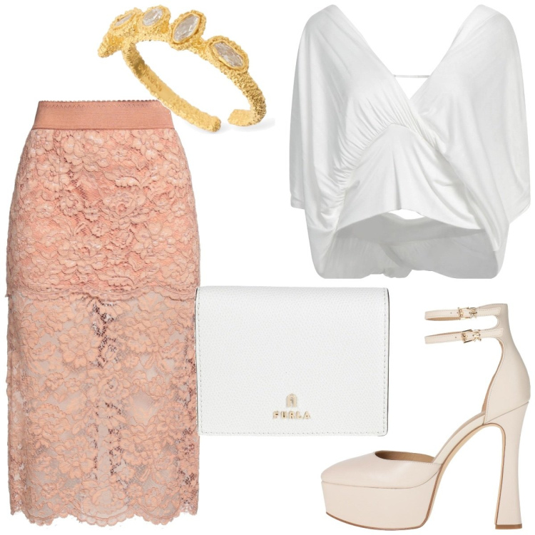 Outfit femme - Glamour #5399. Style Glamour pour Cérémonie. Assortir avec hauts, chaussures à talon, bagues, jupes au genou, portefeuille.