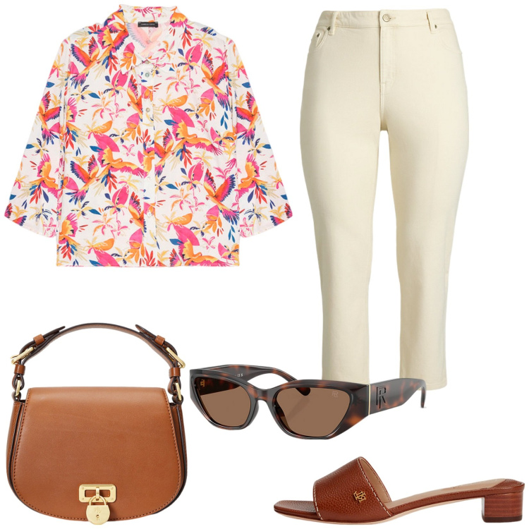Outfit donna - Summer outfit. Stile Casual per Ufficio. Abbinamento con jeans dritti, occhiali da sole, borse a tracolla, sandali in pelle, camicie.