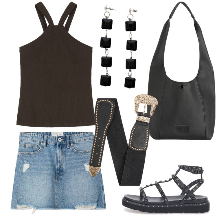 Outfit donna - Sabato sera al mare. Stile Rock per Serata fuori. Abbinamento con minigonne, cinture, borse a spalla, orecchini, top, sandali.