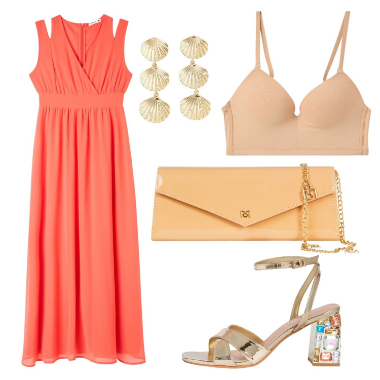 Outfit donna - Aperitivo in spiaggia. Stile Boho per Tutti i giorni. Abbinamento con reggiseni push-up, orecchini, vestiti lunghi, sandali gioiello, pochette.