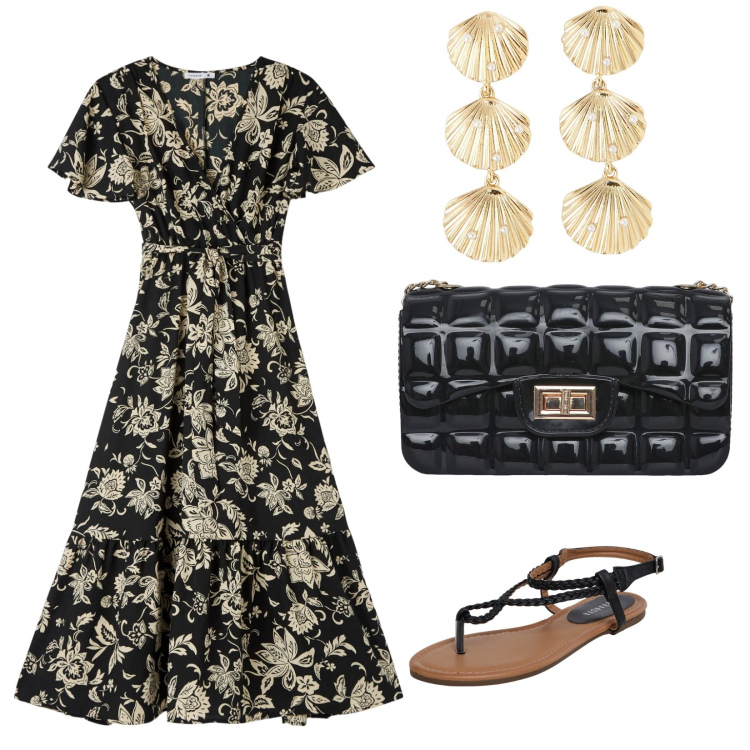 Outfit donna - Maxi dress. per Tutti i giorni. Abbinamento con vestiti lunghi, ciabatte, orecchini, borse a tracolla.