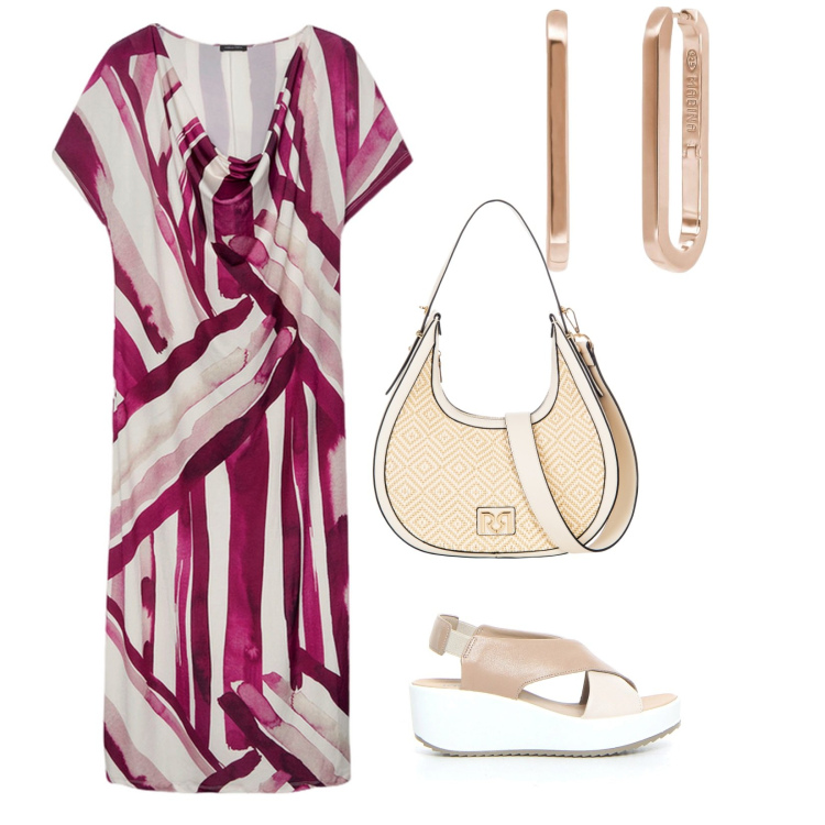 Outfit donna - A scuola con il maxi dress. per Scuola/Università. Abbinamento con orecchini, borse a mano, vestiti lunghi, sandali.