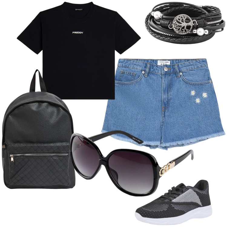 Outfit donna - Benvenuto giugno. Stile Casual chic per Tutti i giorni. Abbinamento con occhiali da sole, braccialetti, shorts, zaini, sneakers, t-shirt.